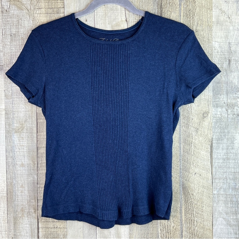 Faded Glory Size Small Ribbed Crewneck Short Sleeve Navy Blue Top Very S…